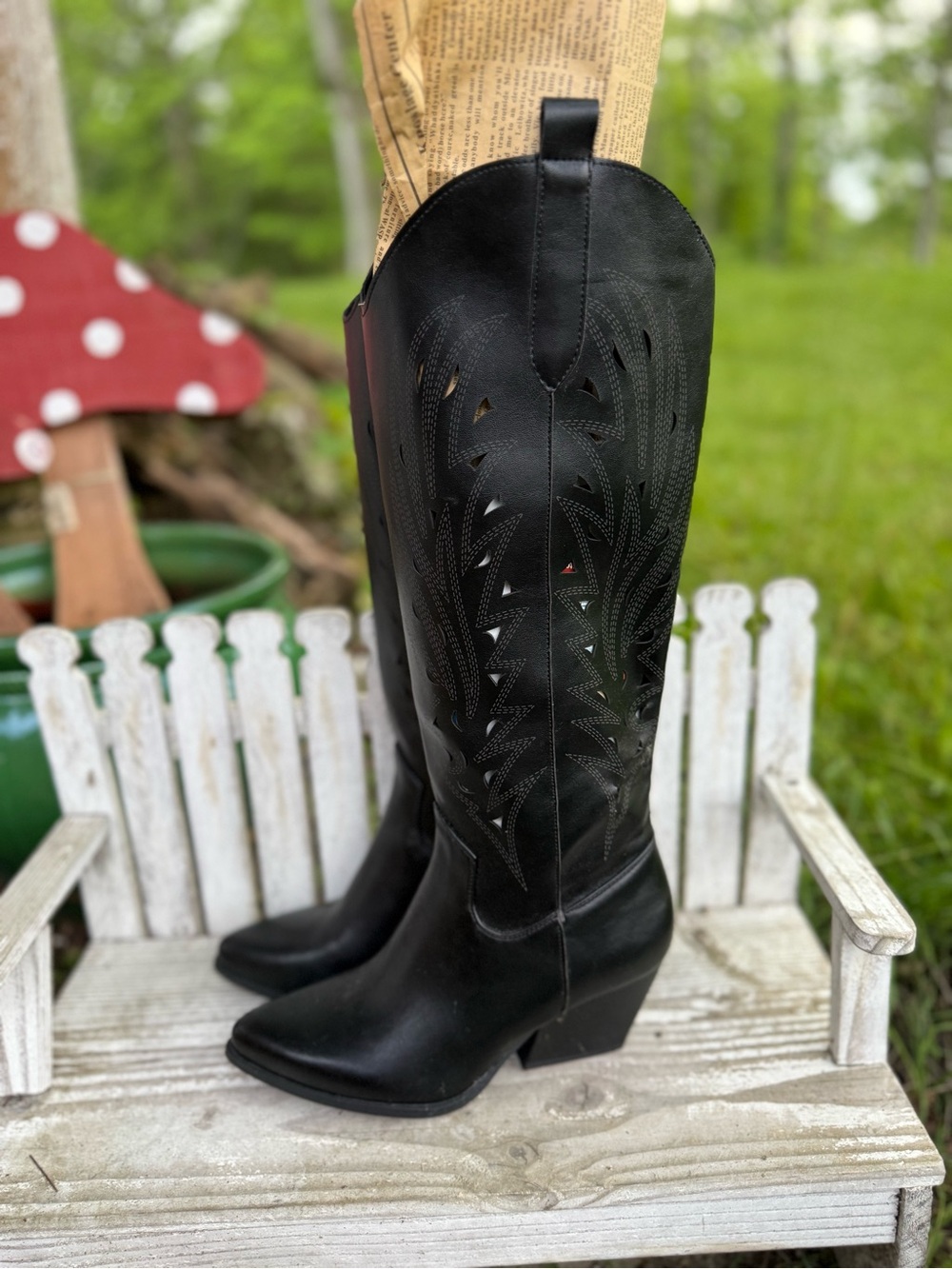 Faux Leather Black  Western Knee-High Boots